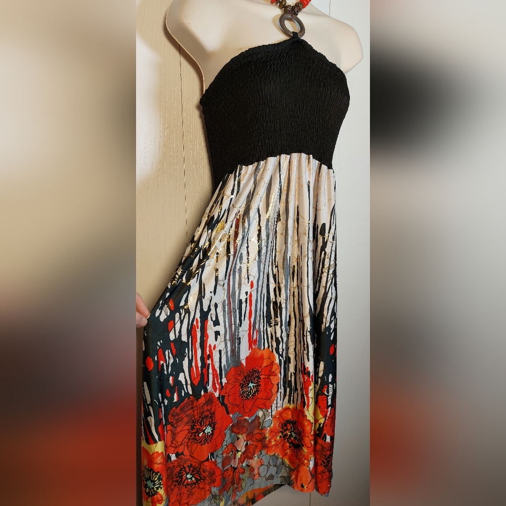 Shoreline Vintage Y2K Strapless Midi Dress Black Smocked Bodice Halter Beads